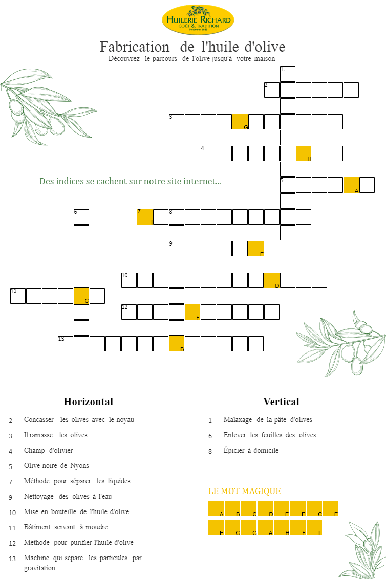 Mots croisés - La fabrication de l'huile d'olive
